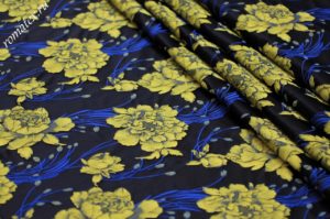Ткань для штор Жаккард тафта  «КИТАЙСКАЯ РОЗА» цвет темно-синий желтые цветы