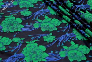 Ткань для жакета Жаккард тафта «КИТАЙСКАЯ РОЗА» цвет темно-синий зеленые цветы